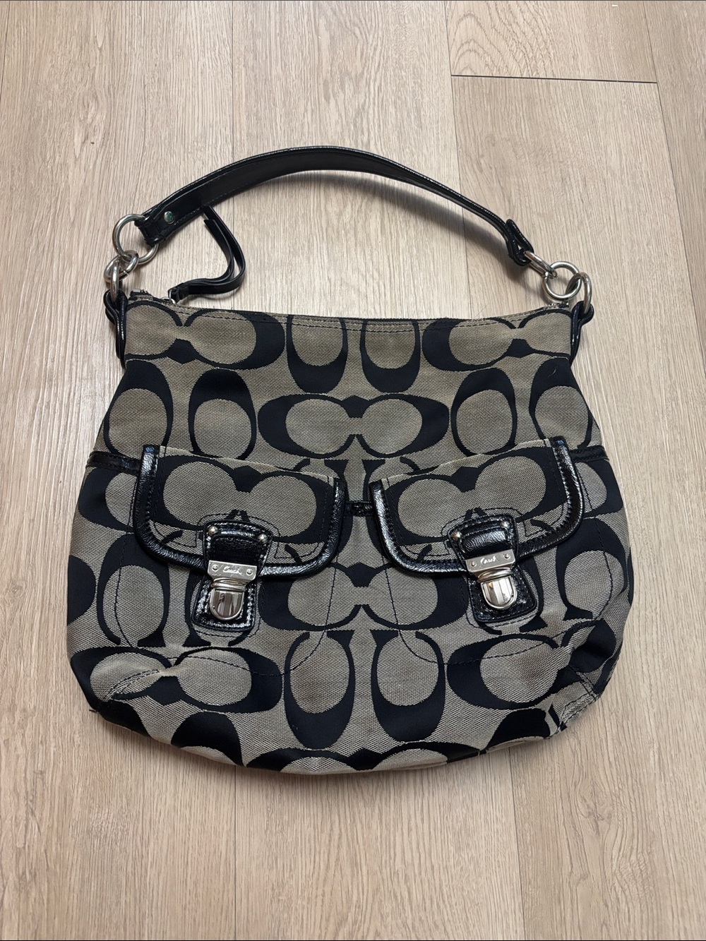 Coach Black and Khaki Signature Canvas Shoulder Bag